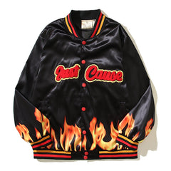 American-style baseball jacket Trending Vintage-Style Sports Sweatshirt: NBA-Inspired Flame Print & Retro Towel Embroidery