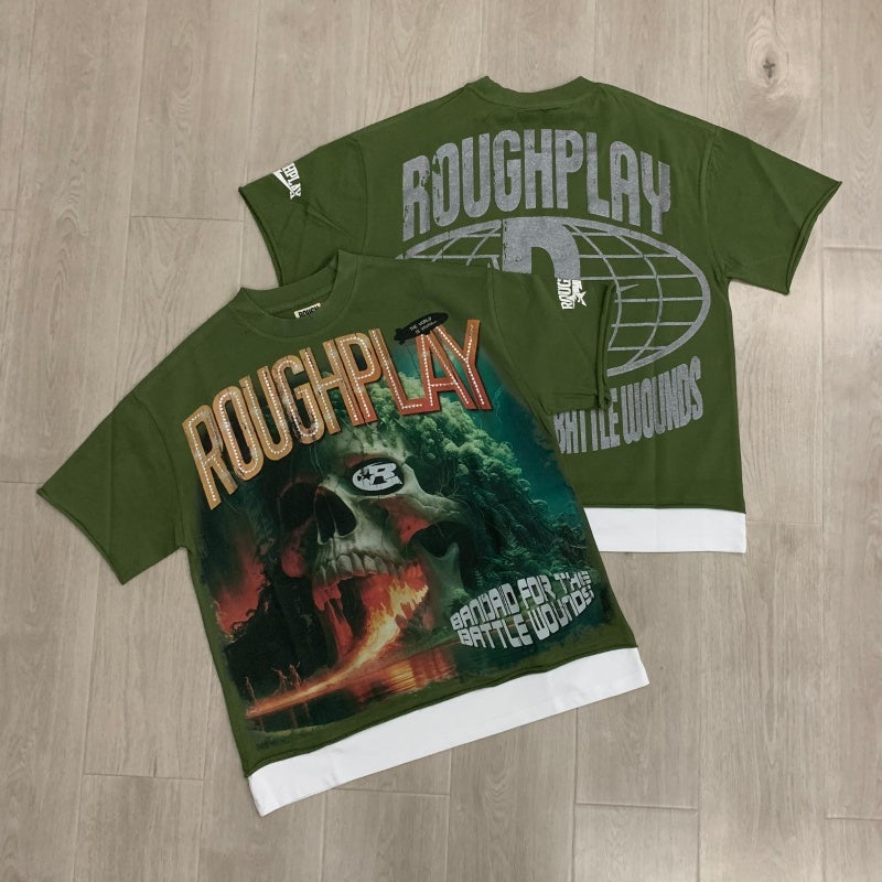 Roughplay T Shirts Island (OLIVE) 2026 SS White Ink Direct-to-Film (DTF) Print with Rhinestones