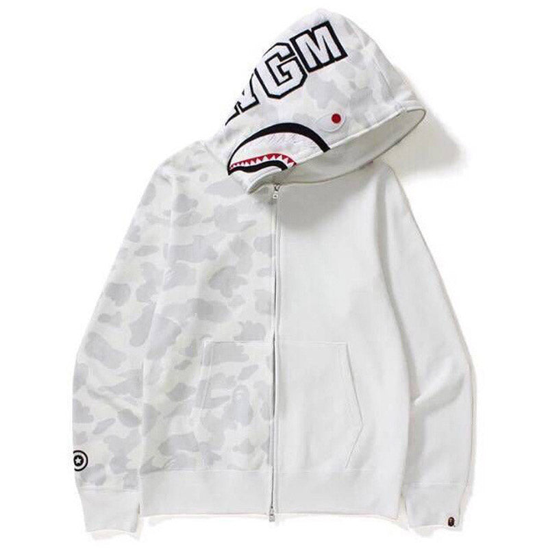 Bathing Shark print Ape Head Camouflage Stitching Sweatshirt Hooded Zipper Fleece Jacket