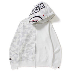 Bathing Shark print Ape Head Camouflage Stitching Sweatshirt Hooded Zipper Fleece Jacket