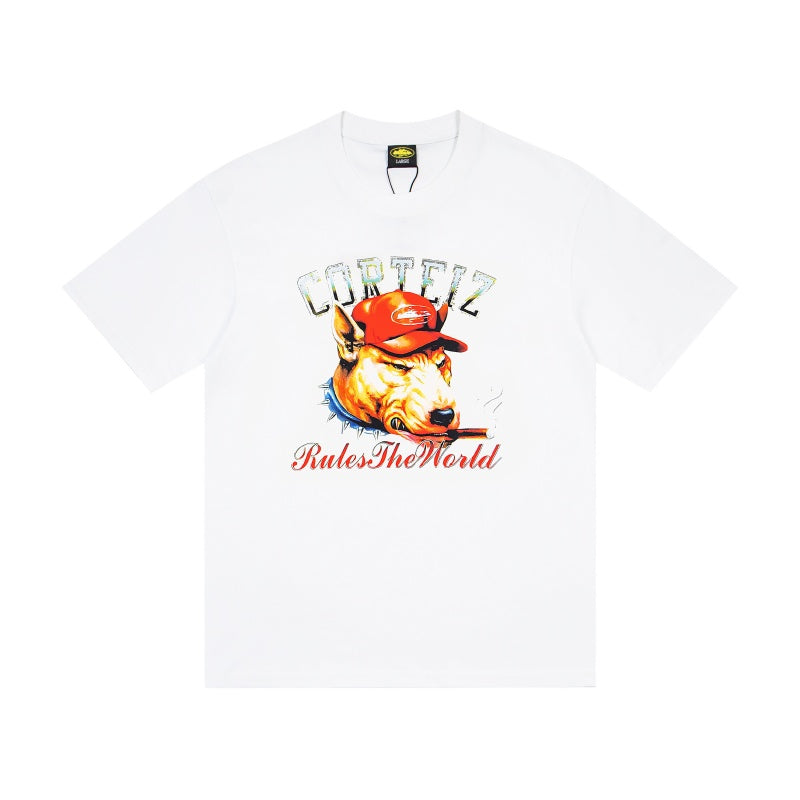 CORTEIZ T-shirt Y2K Smoking Cigar Dog Rules The World Printed Oversized Streetwear Tee