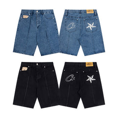CORTEIZ Denim shorts Y2K Center Seam Wash Denim C-Star & Star Graphic Loose Fit Shorts