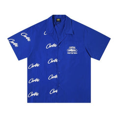 CORTEIZ Beach Shirt & Shorts Summer Script Printed Short Sleeve Button Down Shirt Loose Shorts(The shirt and shorts must be purchased separately.)