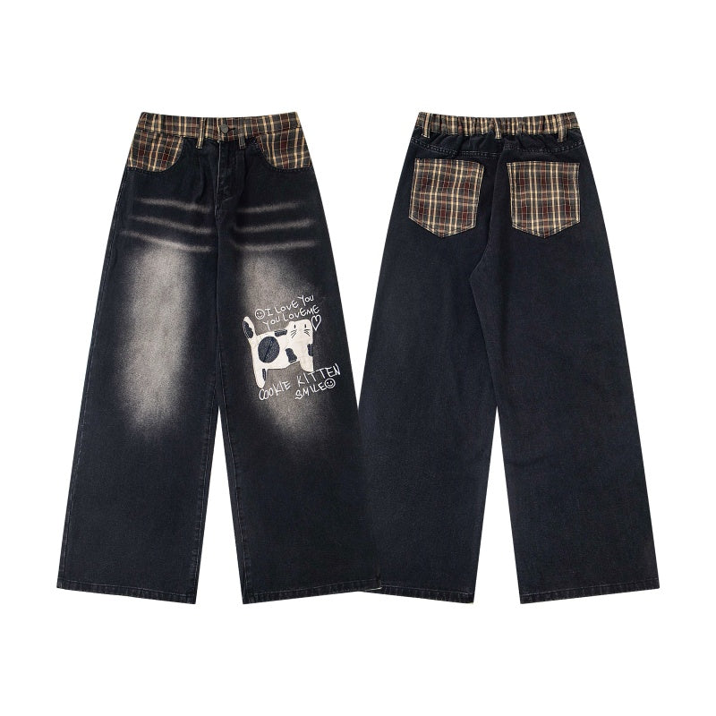 Street-style vintage jeans Retro Casual Loose-Fit Straight-Leg Trousers with Cute Cat Graphic and Contrast Waistband