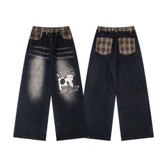 Street-style vintage jeans Retro Casual Loose-Fit Straight-Leg Trousers with Cute Cat Graphic and Contrast Waistband