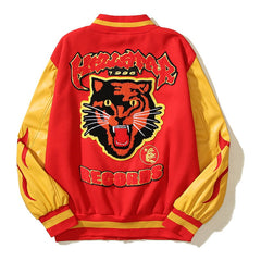 American-style baseball jacket High-street style HELL tiger-motif varsity jacket featuring color-blocking, contrast paneling, and embroidery¡ªan Instagram-trending design.