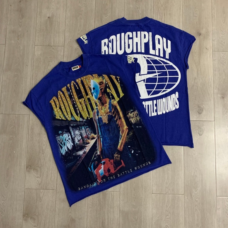 Roughplay T Shirts White-ink direct-print rhinestone-embellished short-sleeve tee (US streetwear style)
