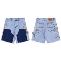Gallery Dept Denim Shorts Street-style casual shorts featuring a mix of styles—including paint-splatter and woodcutter-inspired paneling—crafted from washed denim. Versatile and trendy.