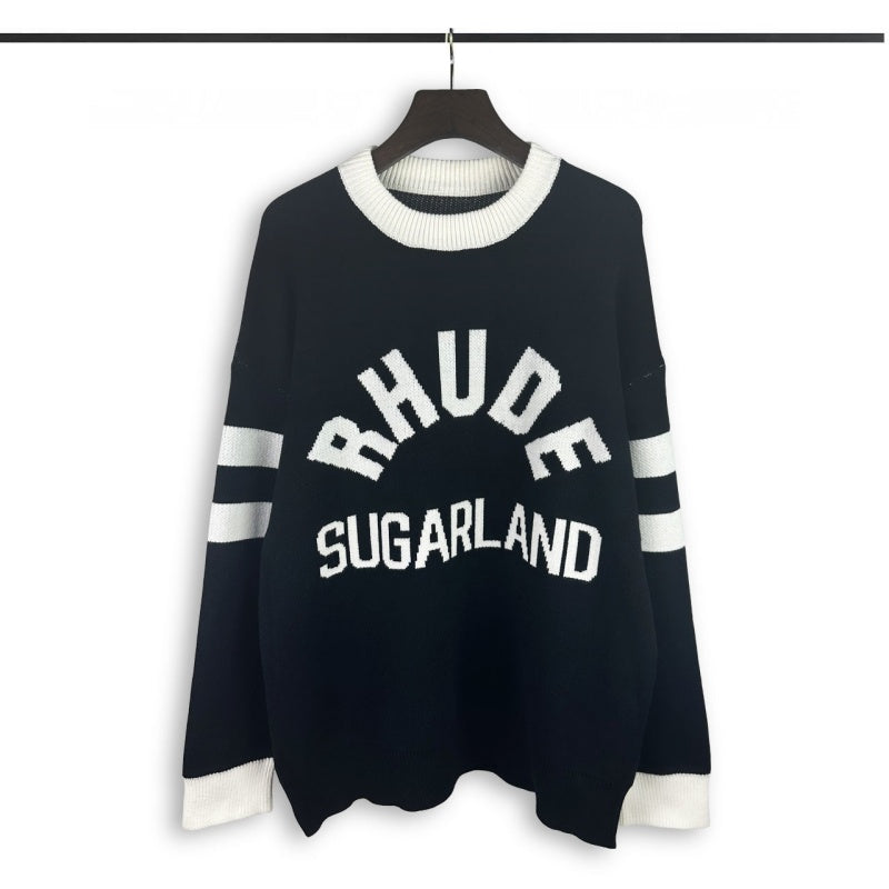 RHUDE knit sweater Collegiate Curved Text Motif Contrast Rib Cuff Relaxed‑Fit Knit Pullover