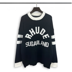 RHUDE knit sweater Collegiate Curved Text Motif Contrast Rib Cuff Relaxed‑Fit Knit Pullover