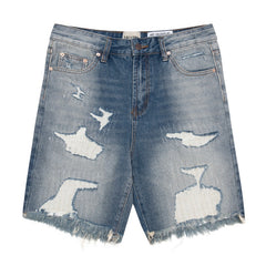 Gallery Dept Denim Shorts Distressed denim shorts with patches, rips, and frayed hems—casual style.
