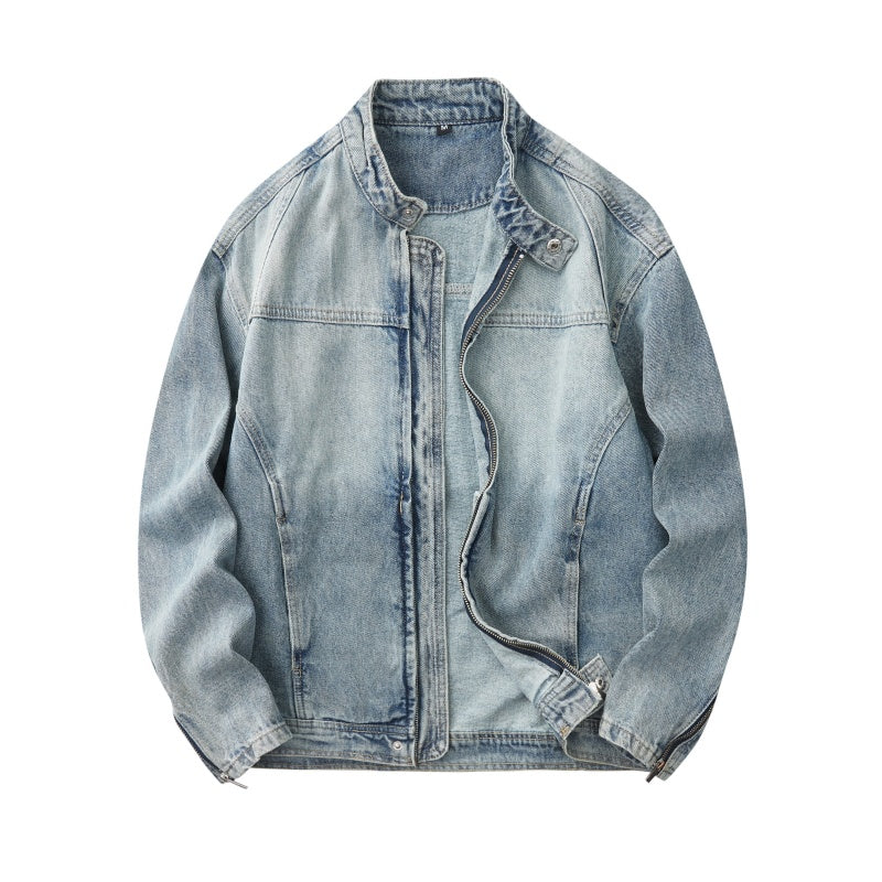 Denim Jacket & Jeans High-Street Trend Mens Y2K Streetwear Jacket Vintage Light Blue Washed Moto Biker Zip Front Casual Denim Outerwear (jacket and jeans must be purchased separately.)