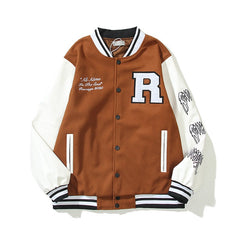 American-style baseball jacket Revenge Varsity Padded Jacket with Skull Embroidery and Leather Sleeves