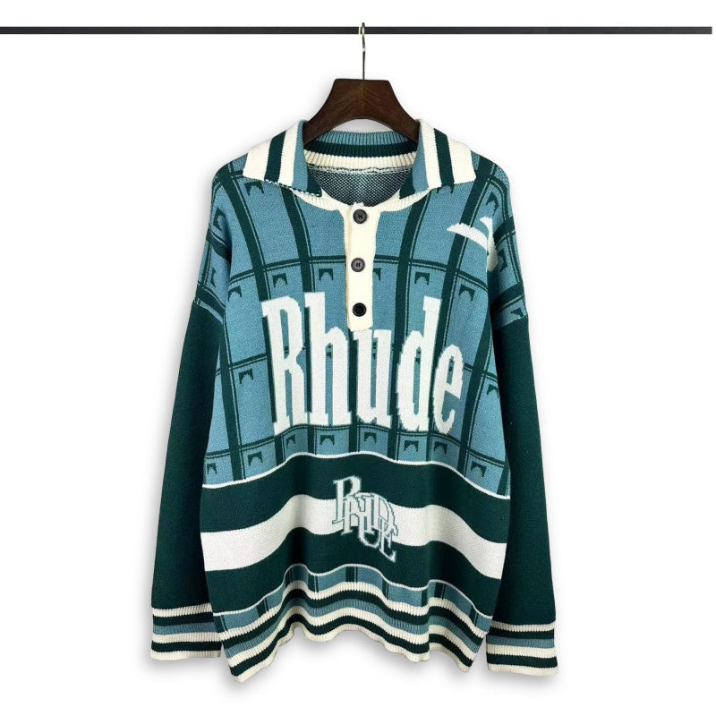 RHUDE knit sweater Striped Hem Button Placket Racing‑Inspired