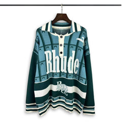RHUDE knit sweater Striped Hem Button Placket Racing‑Inspired