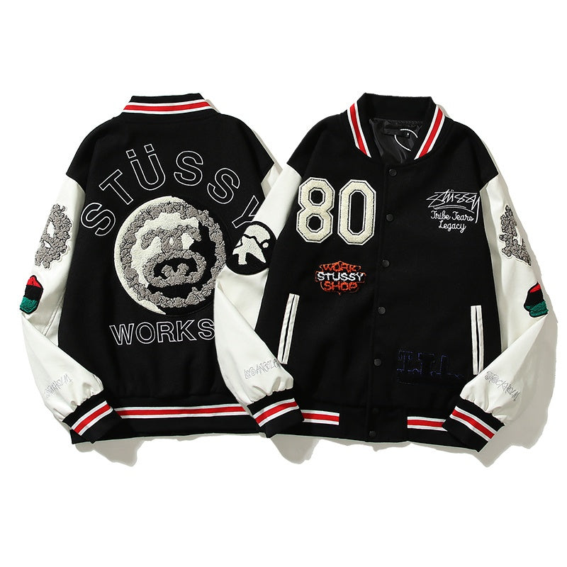 American-style baseball jacket Leather Sleeve S-Logo Graphic Oversized Embroidered Thickened Baseball Jacket ¨C Embracing the Vibe Aesthetic
