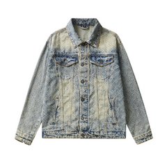 Denim Jacket & Jeans High-Street Trend Y2K Streetwear Jacket Vintage Yellow Mud Acid Wash Casual Denim Trucker Coat Loose Fit Outerwear (jacket and jeans must be purchased separately.)