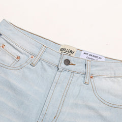 Gallery Dept Denim Shorts Light-wash blue patchwork denim shorts with distressed cuts and frayed hems—casual style.
