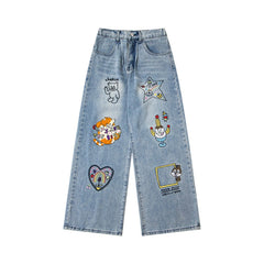 Street-style vintage jeans Retro Casual Harajuku Style Straight-Leg Denim Trousers with Cute Embroidery Patches