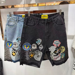Godspeed Shorts Gothic Skull Patch Frayed Denim