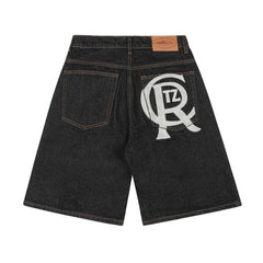 CORTEIZ Denim shorts Y2K Raw Denim Contrast Stitching Big Monogram Printed Loose Fit Shorts