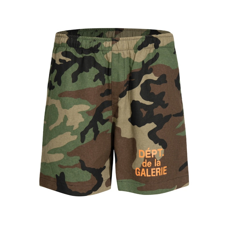 Gallery Dept Denim Shorts Green Camouflage Shorts with Letter Logo Print – Pure Cotton Casual Summer Loose-Fit Knee-Length Shorts