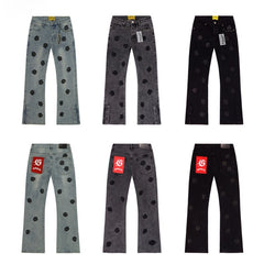 GODSPEED Jeans Denim All-Over Flower Wreath Graphic Split Flare Cut Pants