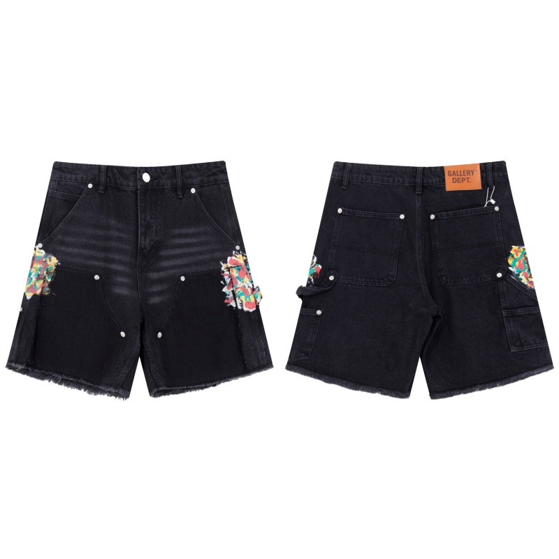 Gallery Dept Denim Shorts Street-style casual shorts featuring a mix of styles—including paint-splatter and woodcutter-inspired paneling—crafted from washed denim. Versatile and trendy.