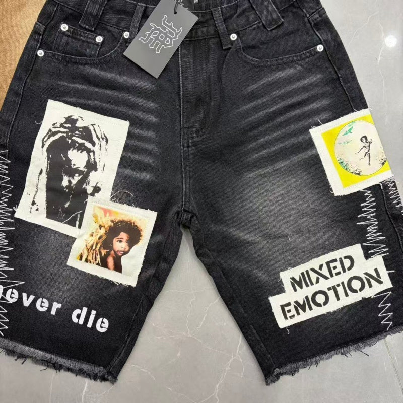 Mixed Emotion denim shorts High-quality streetwear made from pure cotton