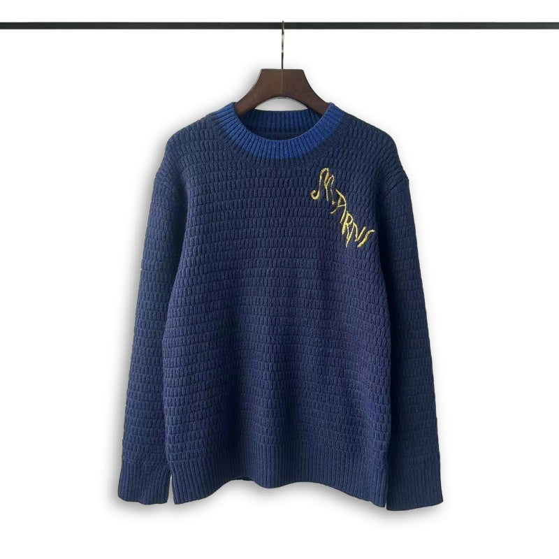 RHUDE knit sweater Contrast Rib Collar Slanted Front Typography