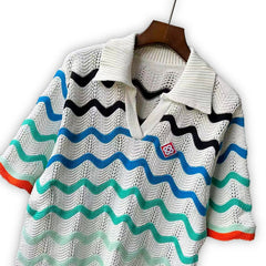 Casablanca knitted short-sleeved sweater Contrast Red‑Trim Chevron Knit Polo