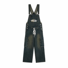 Street-style vintage jeans Women Overalls Y2K Vintage Denim Cargo Overalls with Lace-Up Waist and Cartoon Embroidery