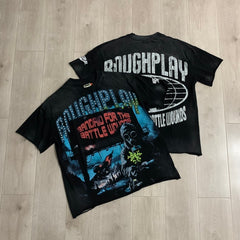 Roughplay T Shirts White Ink Direct-to-Garment Print "Gas Mask" Rhinestone-Embellished Washed & Distressed Short-Sleeve Tee