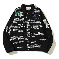 American-style baseball jacket Stu x Tears American High-Street Collaboration: Denim Jacket Featuring All-Over Barrage Text Print and Embroidered Cotton Boll Motifs.