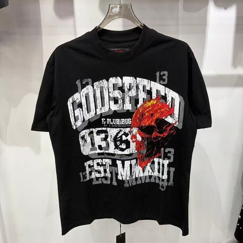 Godspeed T Shirts Black Base Worn Texture Skull Streetwear Top
