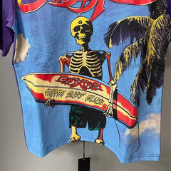 Godspeed T Shirts Purple Base Retro Beach Skeleton Surfboard Print