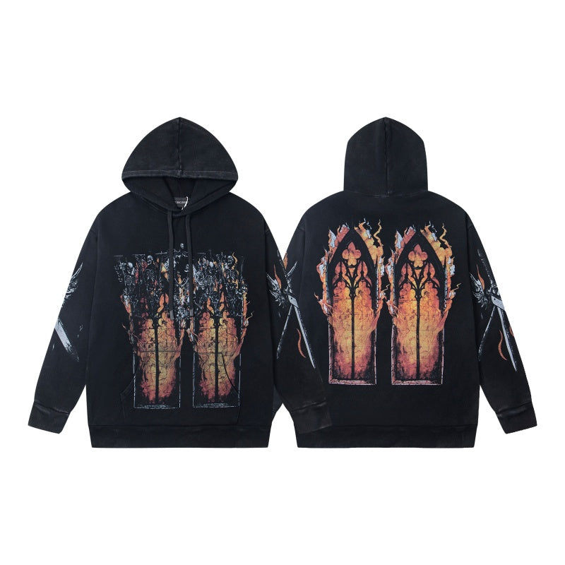 Who Decide War Hoodie Unisex Y2K Black Zip-Up Bomber Jacket with All-Over Graphic Outline Prints and Typography
