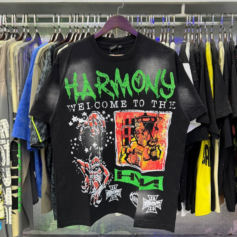 Harmony T Shirts Cement-wash, distressed-look, and hot-fix rhinestone application.