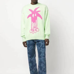 Palm Angel Knit Sweater Neon Pink Dripping Palm Tree Graphic Crewneck Knit