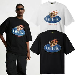 CORTEIZ T-shirt Y2K Retro Flame Angel Rules The World Printed Oversized Streetwear Tee