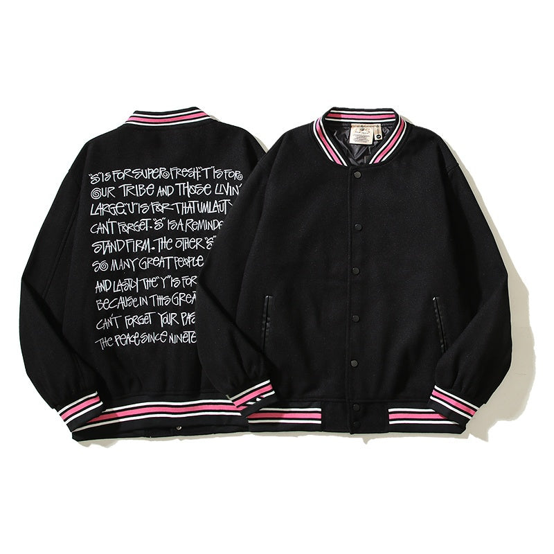 American-style baseball jacket American-style trendy high-street streetwear featuring back-panel graffiti, slogan, and lettering with intricate, high-density embroidery¡ªembodying the vibe aesthetic.