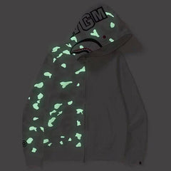 Bathing Shark print Ape Head Camouflage Stitching Sweatshirt Hooded Zipper Fleece Jacket