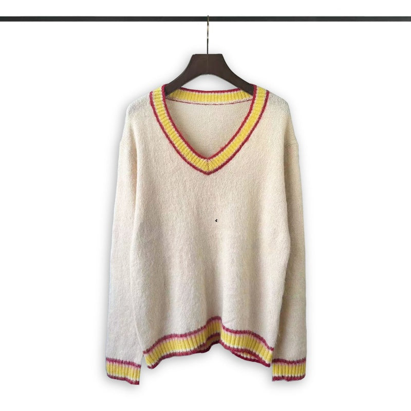 RHUDE knit sweater Collegiate‑Style Multi‑Color Ribbed V‑Neck Bound‑Edge Textured Knit Top