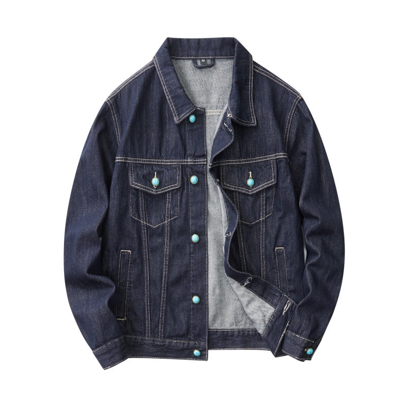 Denim Jacket & Jeans High-Street Trend Hip Hop Denim Pants Loose Fit Dark Blue Contrast Stitching Button Fly Straight Cut Raw Denim Jeans Streetwear Vintage Trousers (jacket and jeans must be purchased separately.)