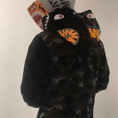 Bathing Shark print Tiger Head Shark Double Hood Sweater Camouflage Hoodie Thin Velvet Terry Hooded Sweater