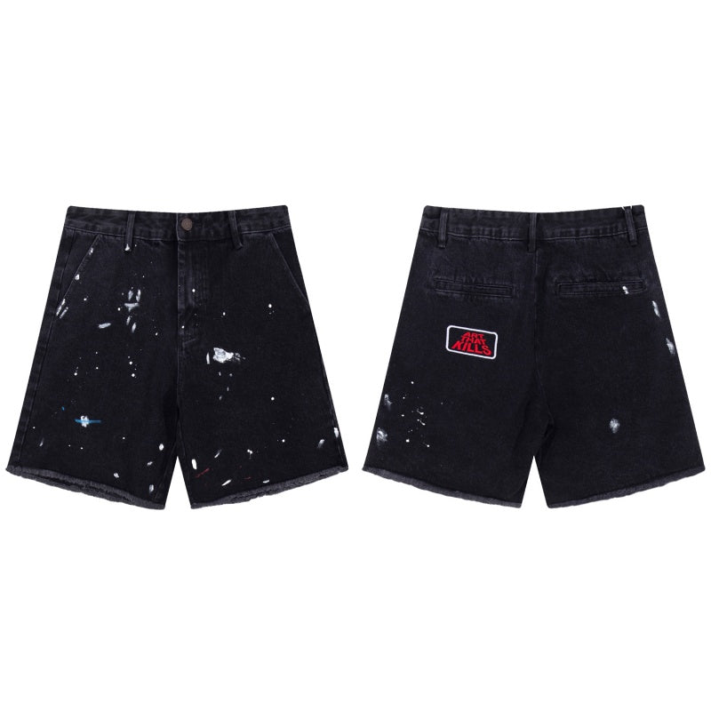 Gallery Dept Denim Shorts Black Denim Shorts with Vintage-Style Ink-Splatter Embroidered Logo