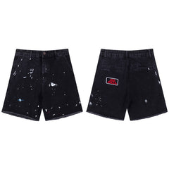 Gallery Dept Denim Shorts Black Denim Shorts with Vintage-Style Ink-Splatter Embroidered Logo