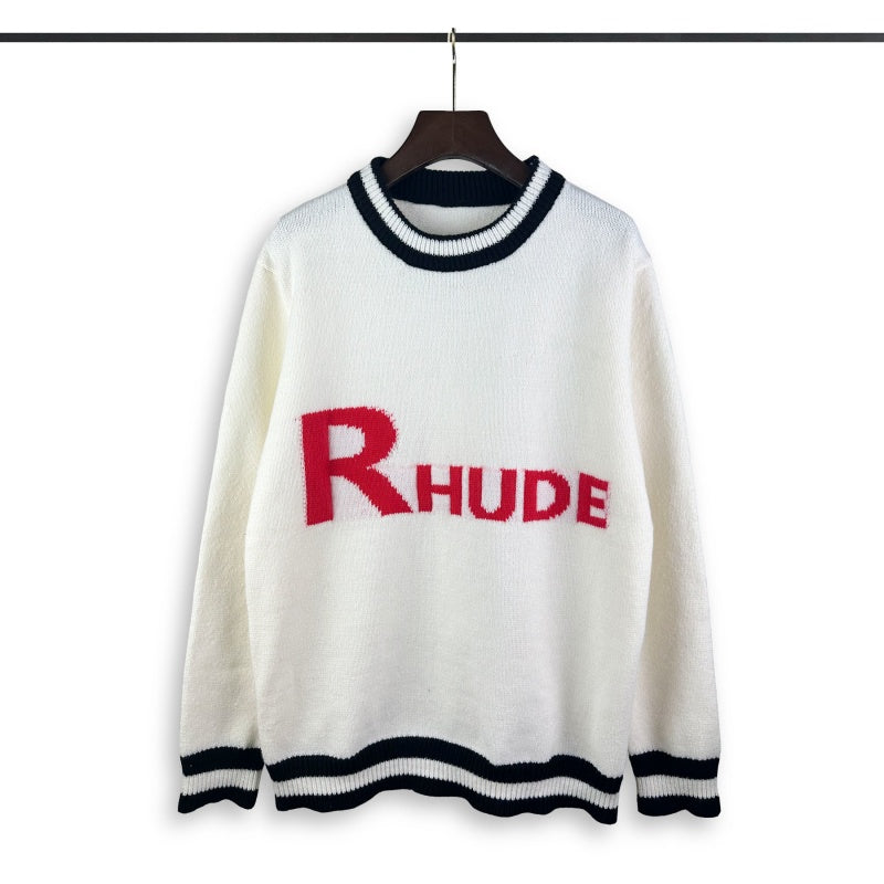 RHUDE knit sweater Bold Red Letter Contrast Trim Crewneck Knit Pullover