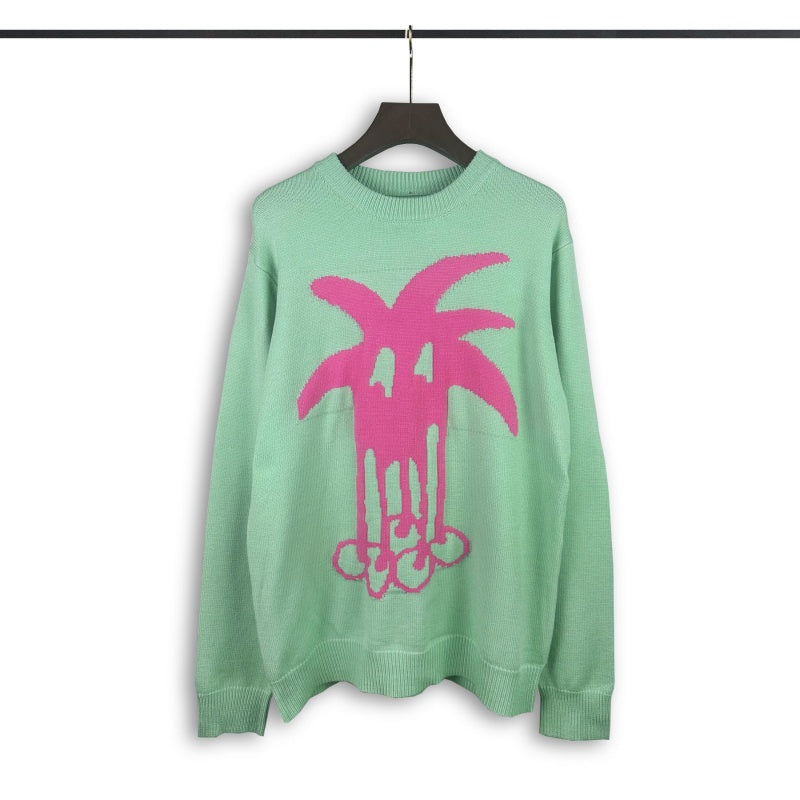Palm Angel Knit Sweater Neon Pink Dripping Palm Tree Graphic Crewneck Knit