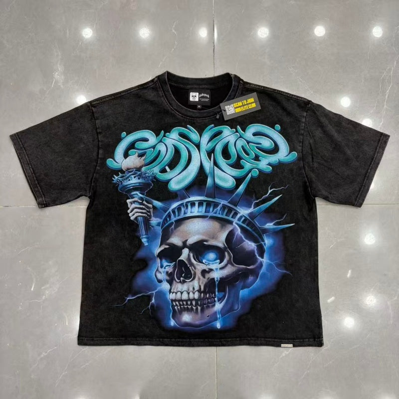 Godspeed T Shirts Lightning Liberty Skull Washed Graphic Top